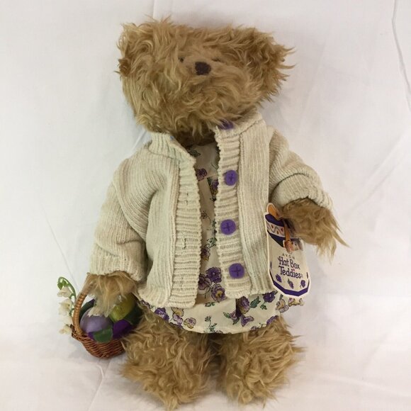 Avon Hat Box Teddy Bear Violet With Basket Adoption Tag Floral Dress Sweater - Picture 1 of 7